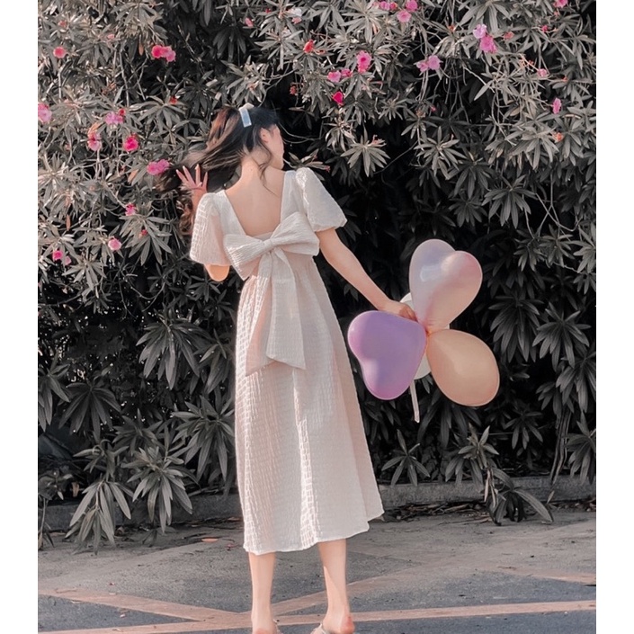 Đầm midi xốp nâu cổ u tay phồng cột nơ lưng