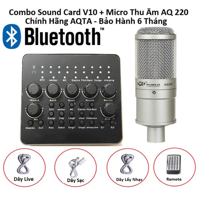 Combo Sound Card V10 Bluetooth Kèm Tay Điều Khiển + Micro Thu Âm AQ 220 Chính Hãng AQTA Bảo Hành 6 Tháng