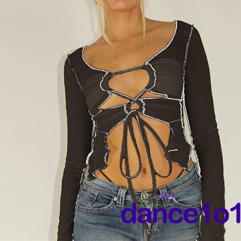 ♧Rd♥Áo Crop Top Tay Dài Khoét Lỗ Thời Trang Dành Cho Nữ