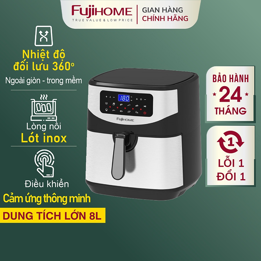 Nồi chiên không dầu 8L điện tử FUJIHOME Nhật Bản Nhập Khẩu tặng kèm gắp tự ngắt, Nồi chiên ko dầu cơ không hơi nước 8lít