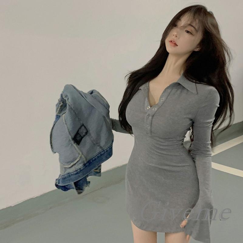 Đầm Sơ Mi Dài Tay Cổ Bẻ Form Ôm Màu Trơn Thời Trang Thanh Lịch Dành Cho Nữ