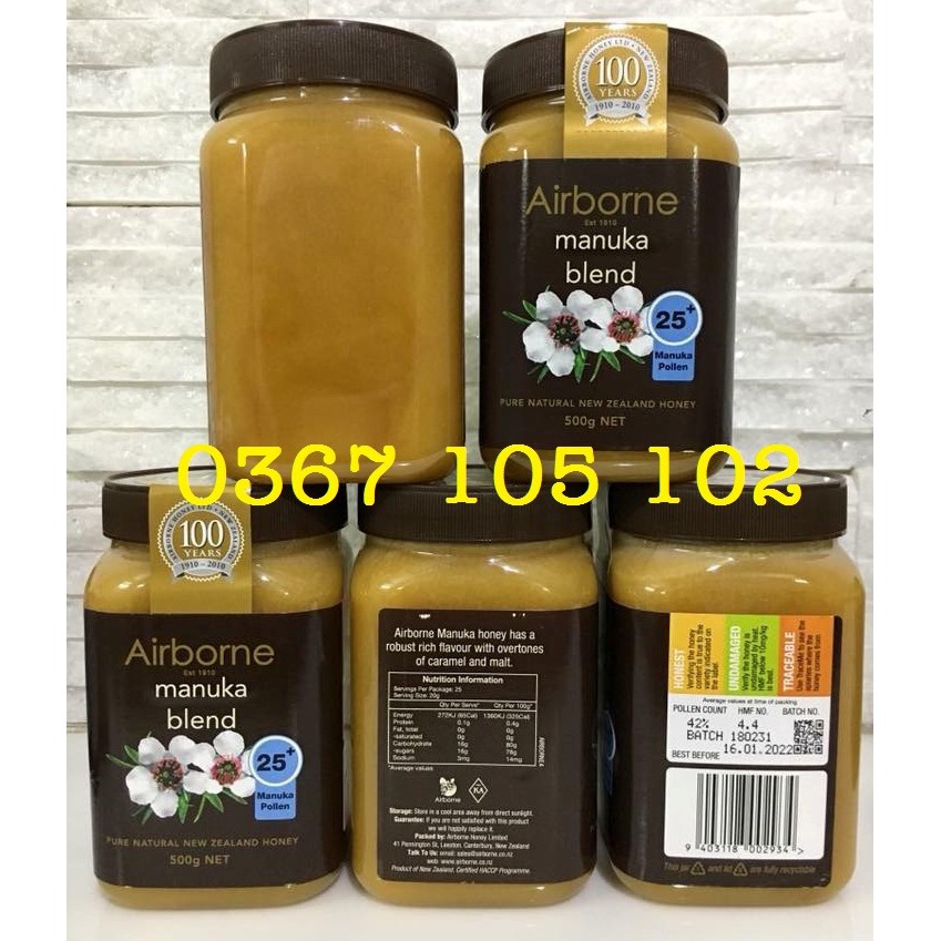 Mật ong Airborne Manuka 25+ 500gr hàng xách tay Úc HSD 2022