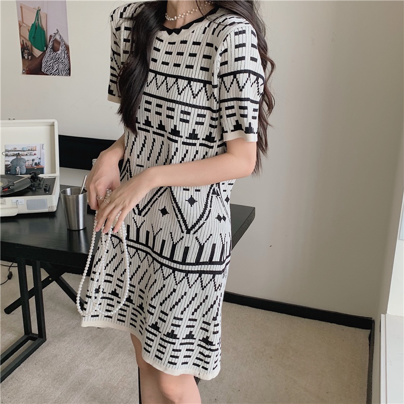 Đầm Dệt Kim Tay Ngắn Cổ Tròn Thời Trang Mùa Hè Phong Cách Vintage Cho Nữ