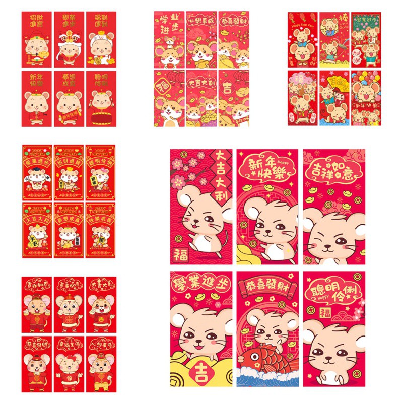 Set 6 Bao Lì Xì Màu Đỏ Nhiều Họa Tiết Phong Cách Trung Hoa