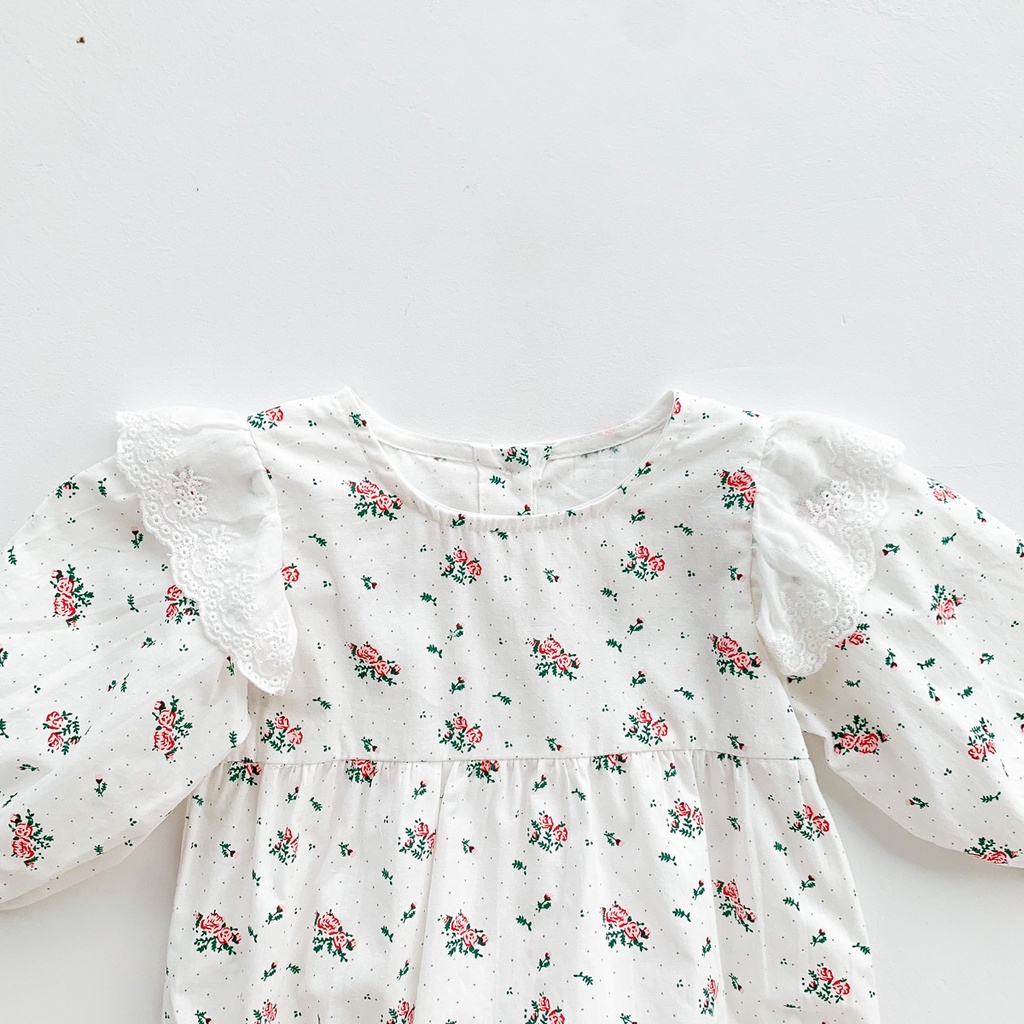 Bộ áo liền quần dài tay in hoa + mũ cho bé gái sơ sinh