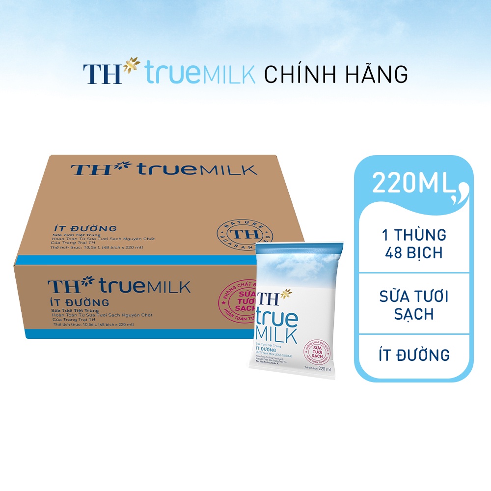 Thùng 48 bịch sữa tươi sạch ít đường TH True Milk bịch giấy 220ml (220ml x 48)