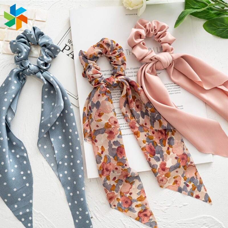 Dây Buộc Tóc Ruy Băng Thắt Nơ 6 Ngón Co Giãn In Họa Tiết Thời Trang Ngọt Ngào Cho Nữ