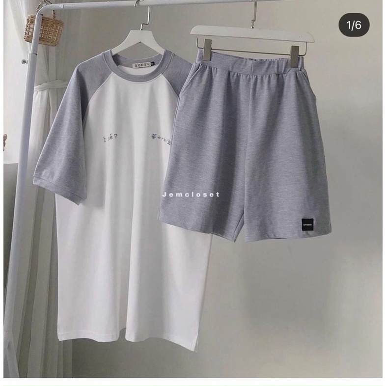Sét bộ thể thao pha tay viền cổ kèm quần đùi dáng unisex