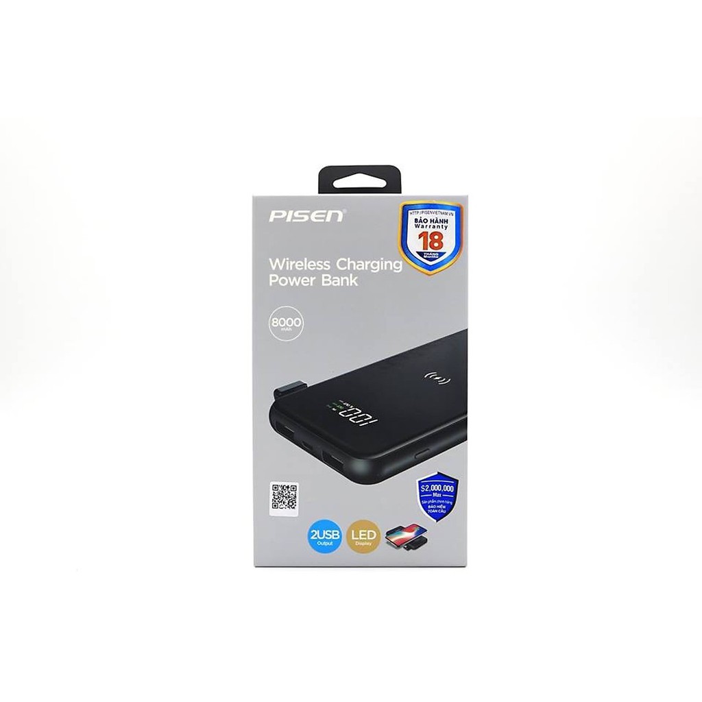 Sạc Dự Phòng Không Dây Pisen 8000mAh Đèn LED thông minh, 2 cổng USB đầu ra