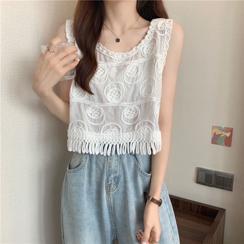 Mới Áo Thun Sát Nách Phối Tua Rua Cho Nữ