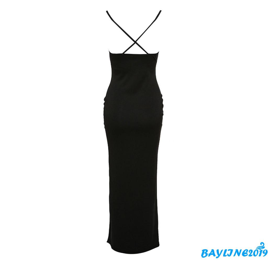 Đầm midi 2 dây dáng rộng xẻ tà hở lưng màu đen trơn thời trang xuân hè quyến rũ cho nữ