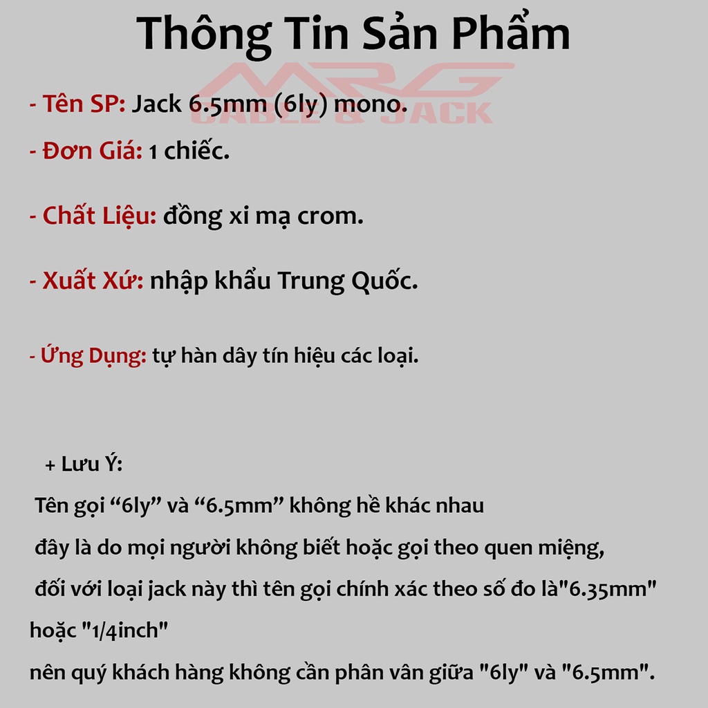 Jack 6 Ly  Mono Lò Xo, dùng hàn dây tín hiệu âm thanh, đơn giá 1 chiếc.