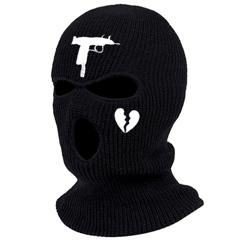 Mũ beanie Mặt Nạ Toàn Bộ Mặt Giữ Ấm Thiết Kế 3 Lỗ Thêu Họa Tiết Trái Tim Phong Cách Chiến Thuật
