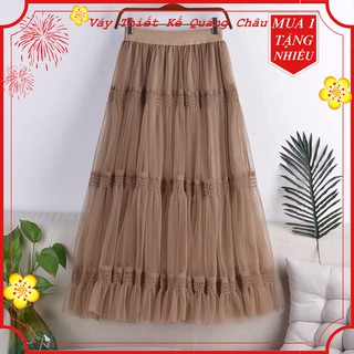Mẫu váy ren vải dáng dài siêu xinh nhiều lớp dày dặn freesize dáng chữ A - màu nâu tây