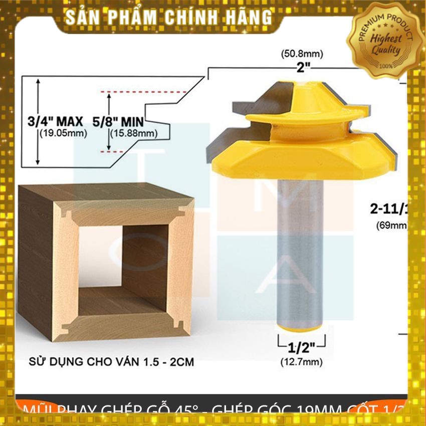 Mũi Phay Ghép Ván Gỗ - Mũi Soi Gỗ Góc Vuông Cốt 1/2 - Ghép góc 19mm Có Thể  Ghép Được Ván Dày 12.7 - 23mm