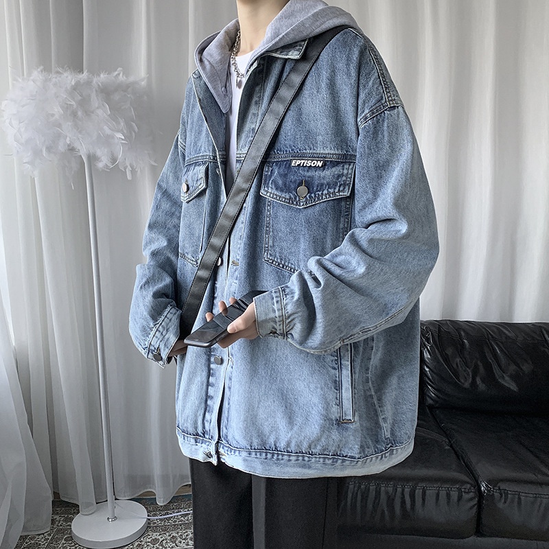 Áo Khoác Denim Có Mũ Trùm Dáng Rộng Phong Cách Hàn Quốc Harajuku Mùa Hè Cho Nam TF1