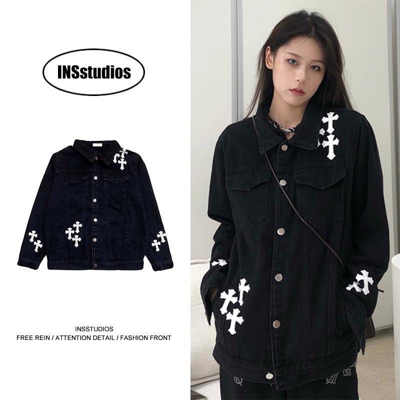 - ẢNH THẬT ÁO KHOÁC BÒ CHROME HEARTS DEMIN HOẠ TIẾT CHỮ THẬP CÁ TÍN