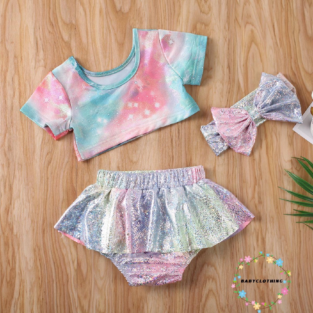 Set áo croptop + quần đùi + băng đô xinh xắn cho bé gái