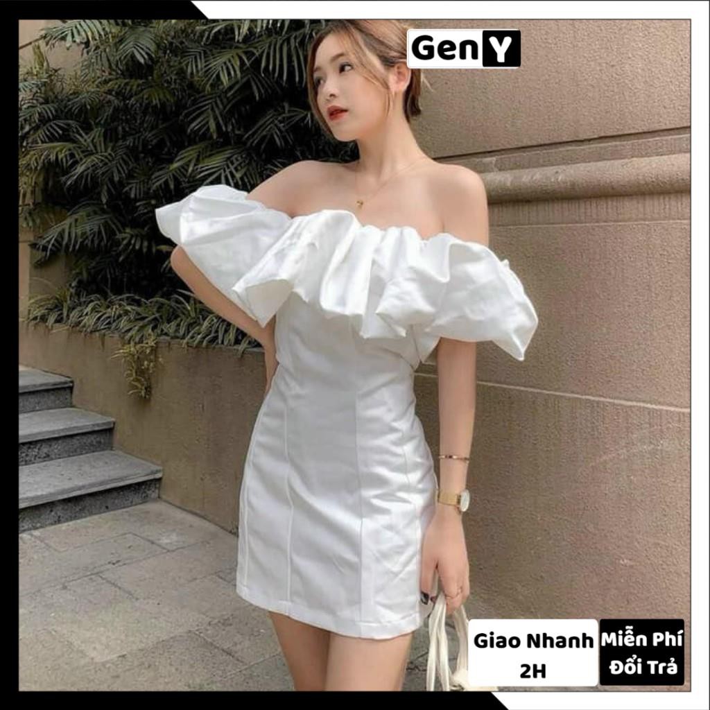 Đầm body trễ vai trắng bèo nhún GenY đầm trễ vai nữ tay phồng dáng ôm dự tiệc sexy chất đũi lụa mềm mát | BigBuy360 - bigbuy360.vn