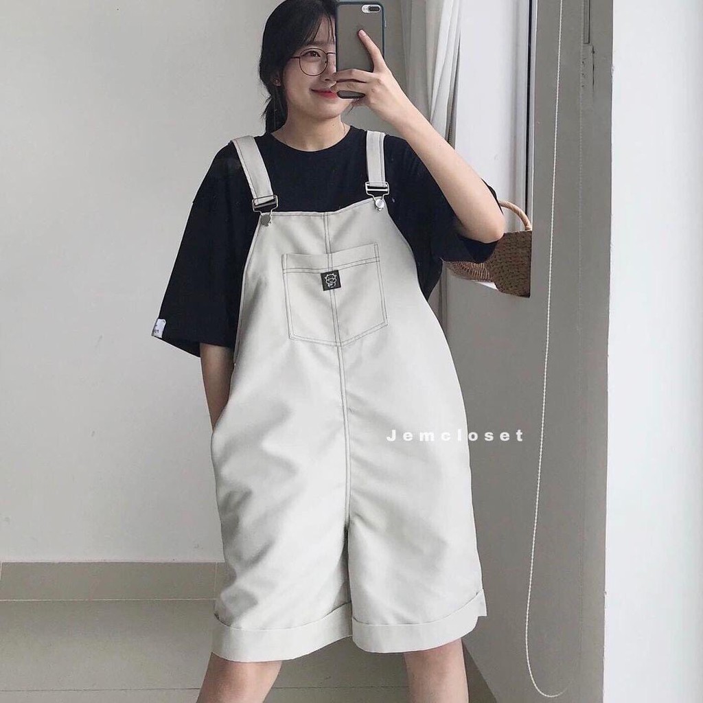 [RẺ VÔ ĐỊCH] Quần Yếm Nữ Dáng Xuông Ulzzang🌸 Yếm Kaki Đùi Lửng Form Rộng Unisex Có 2 Túi Trước 2 Màu Đen Trắng