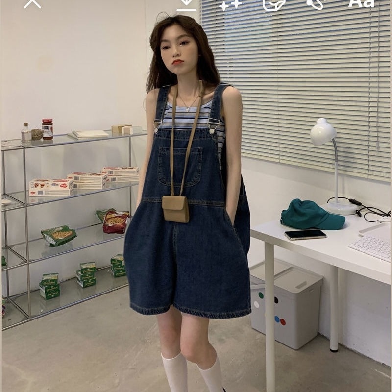 Quần yếm denim ống rộng lưng cao thời trang cho nữ