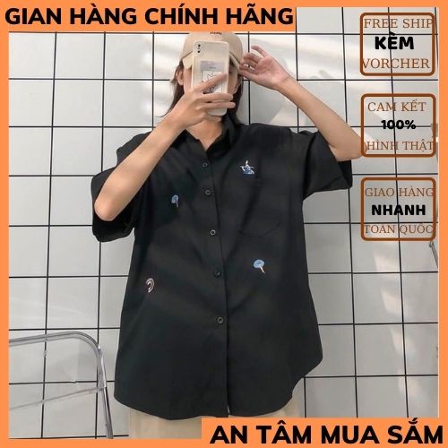 Áo sơ mi cộc tay thêu hình ngộ nghĩnh nữ 🍀áo sơ mi nữ UNISEX ,chất thô mềm chuẩn form  phong cách hàn quốc THỜITRANG1989