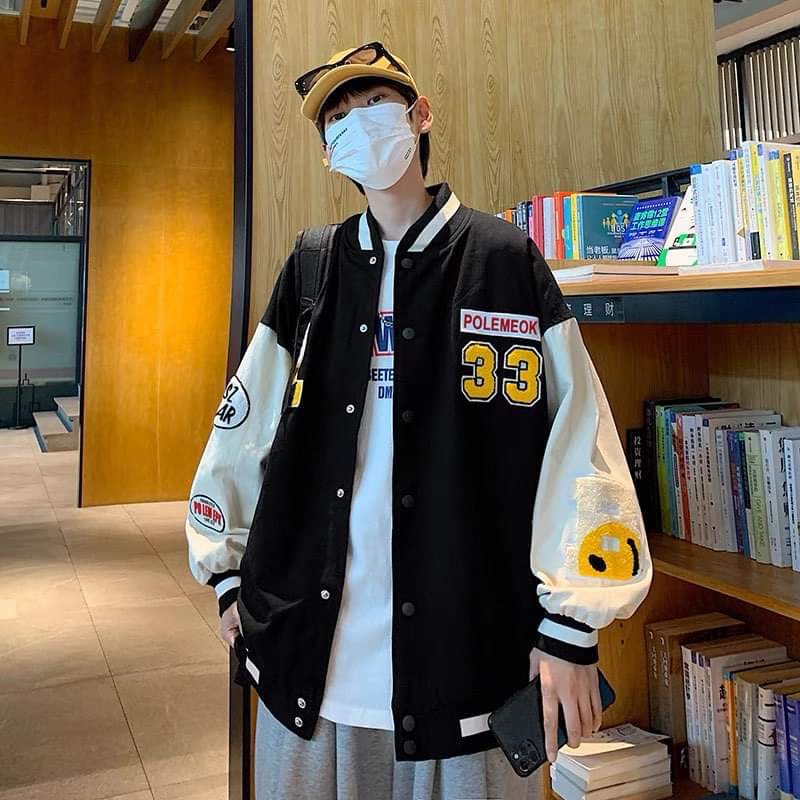 Áo bomber nhung tăm phối tay da số 33 Hàng thêu cực sắc nét.