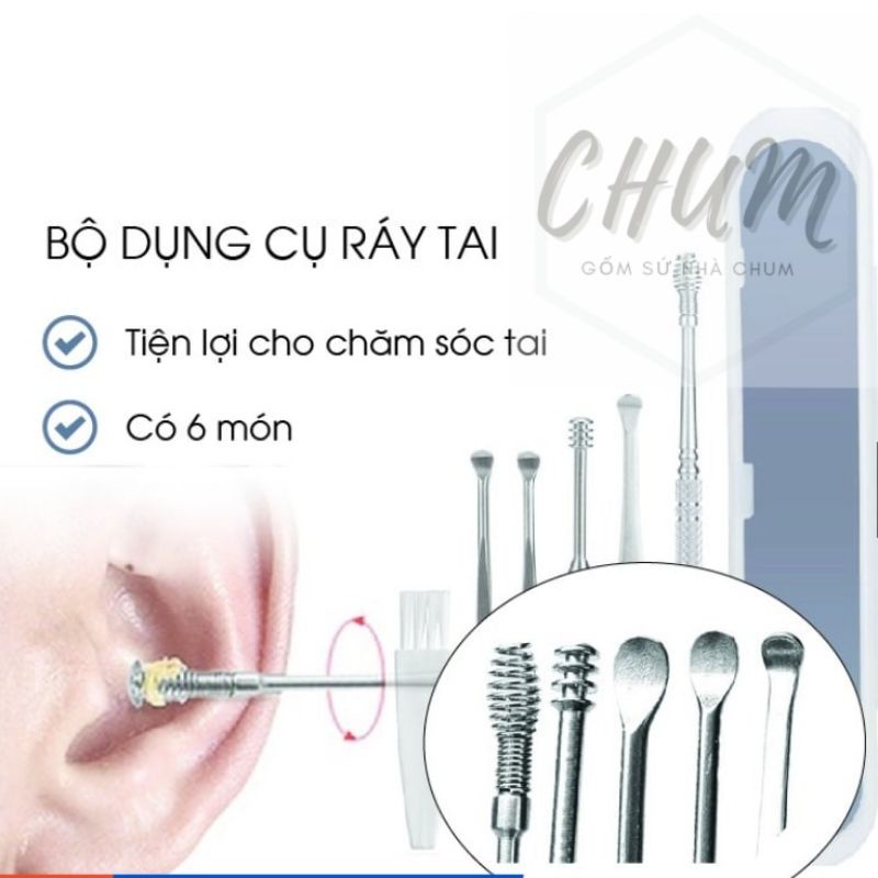 Bộ dụng cụ vệ sinh tai ngoáy tai đồ lấy ráy tai Cao Cấp bằng thép không gỉ an toàn cho bé và gia đình TC5