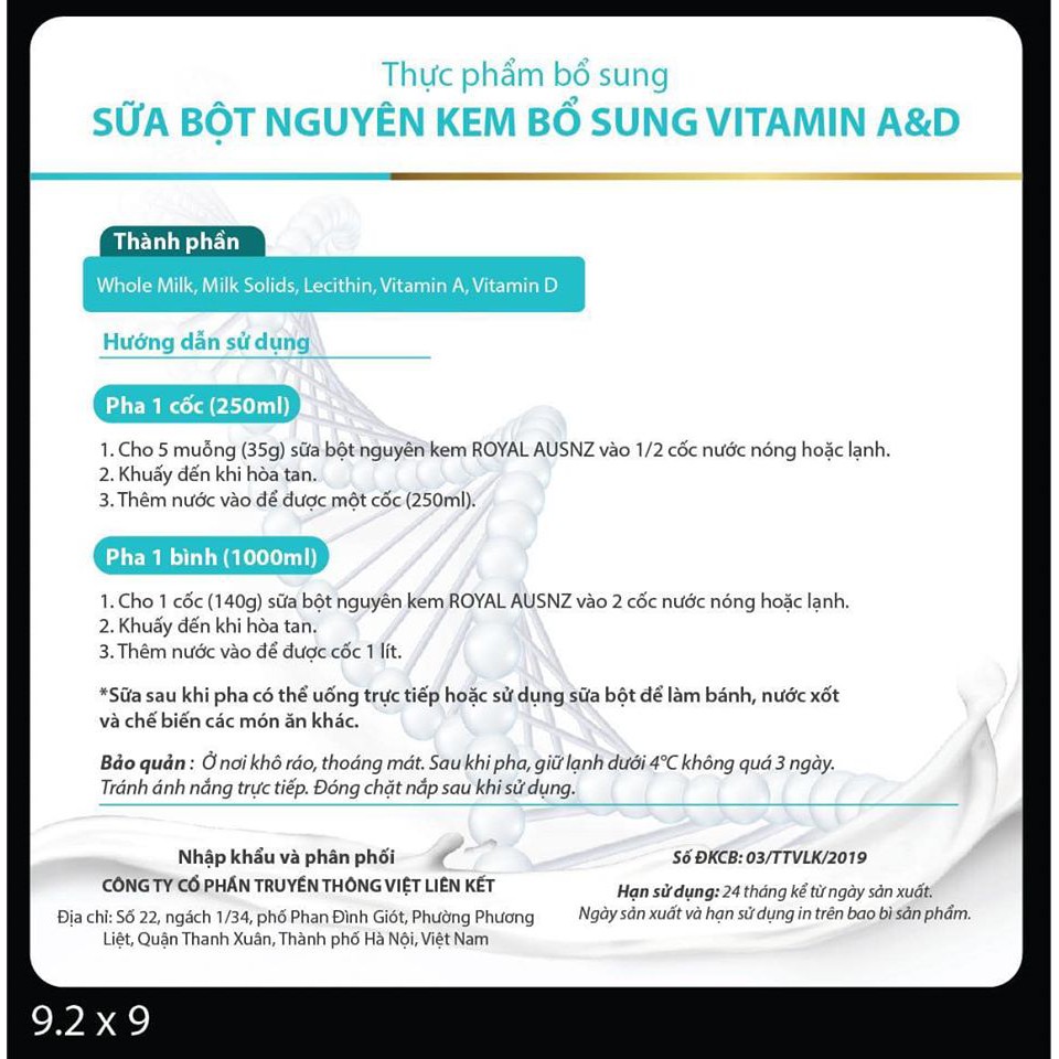 Sữa Hoàng Gia Úc Royal Ausnz Vitamin A&D Full Cream Dành Cho Trẻ Từ 3 Tuổi Trở Lên 900gr