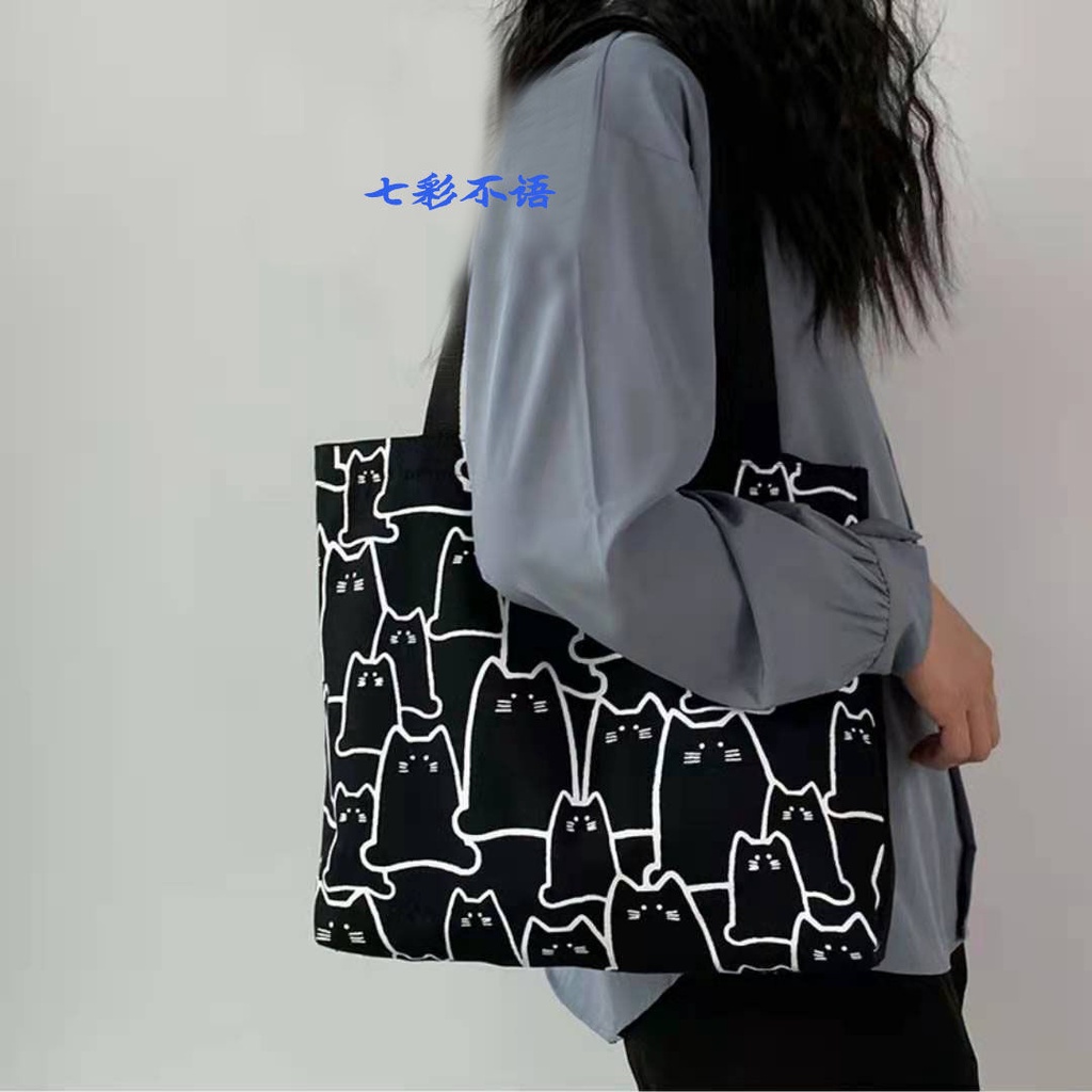 Túi đeo vai bằng vải canvas họa tiết mèo đáng yêu
