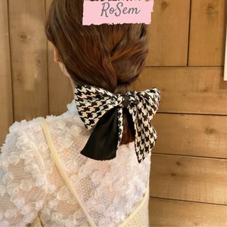 Dây buộc tóc lụa họa tiết Houndstooth phong cách Hàn Quốc