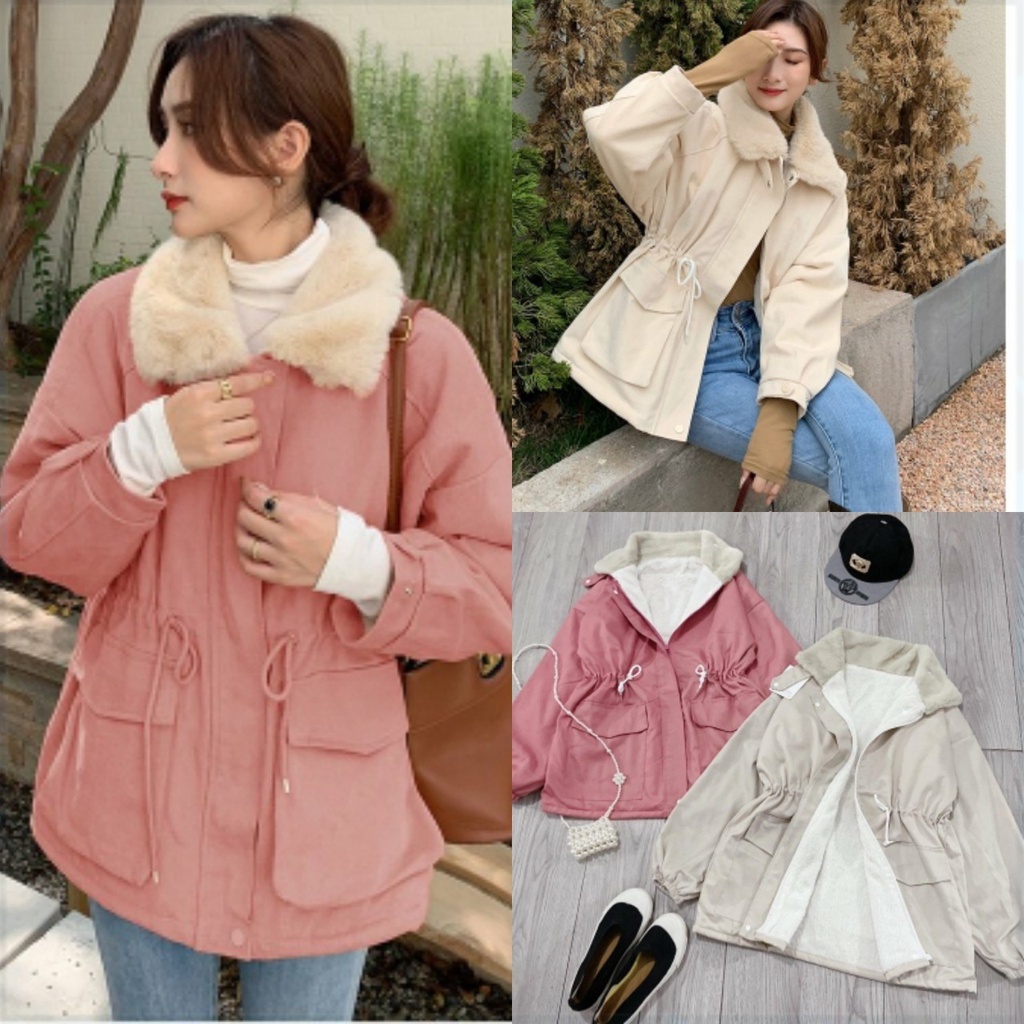 Áo Khoác Kaki Jacket Cổ Phối Lông Dây Rút Eo dưới 65kg - Đại Hàn Cổ Bẻ Lót Lông G0120 | BigBuy360 - bigbuy360.vn