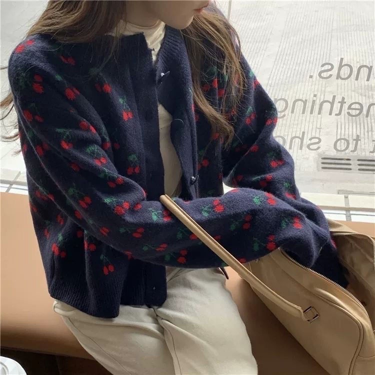 Áo Sweater Dệt Kim Dáng Rộng In Hình Quả Cherry Kiểu Nhật Bản Dễ Phối Đồ Cho Nữ