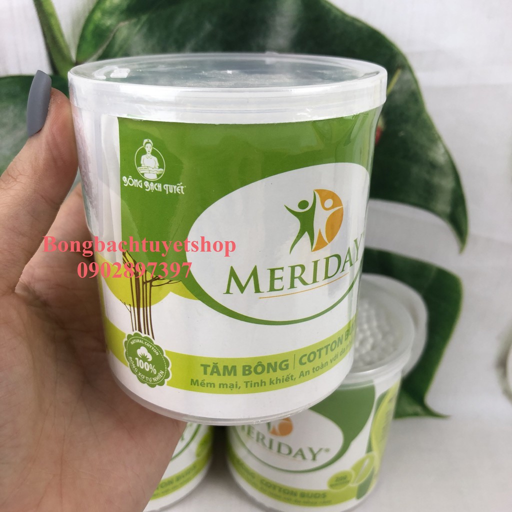 Tăm Bông Meriday đầu tăm lớn HỘP TRÒN XOAY 200 que - Tăm Bông KOTTON CARE 200 que Chính hãng Bông Bạch Tuyết