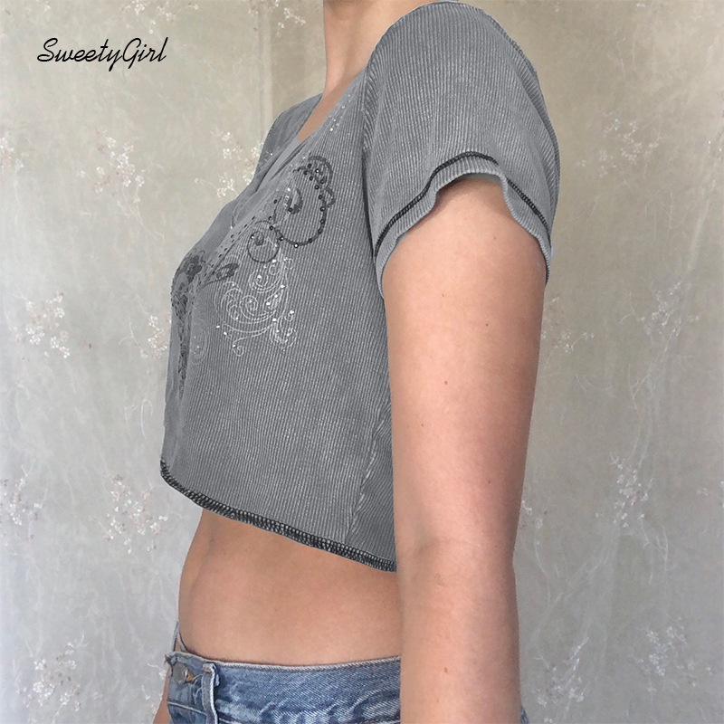 Áo Croptop Ngắn Tay Cổ Chữ V In Họa Tiết Bướm Thời Trang Đường Phố Dành Cho Nữ