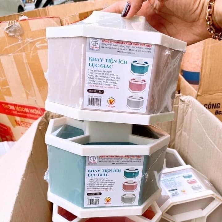 Khay để đồ tiện ích hình lục giác, hộp đựng bút, điều khiển, cọ trang điểm, đồ cá nhân 6 ngăn nhựa Việt Nhật No.1337