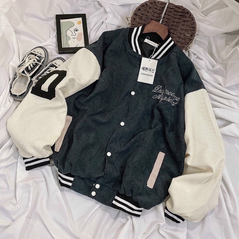 Áo khoác bomber bóng chày kaki nhung gân 2 lớp thêu unisex ulzzang nam nữ