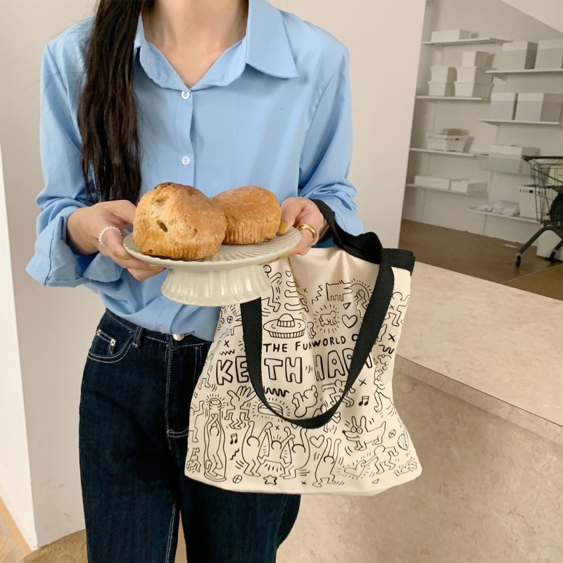 Youyo Túi Xách Tote Canvas Đeo Vai Sức Chứa Lớn In Chữ Tiếng Anh Graffiti Vintage Dễ Phối Đồ Hàng Ngày Datin