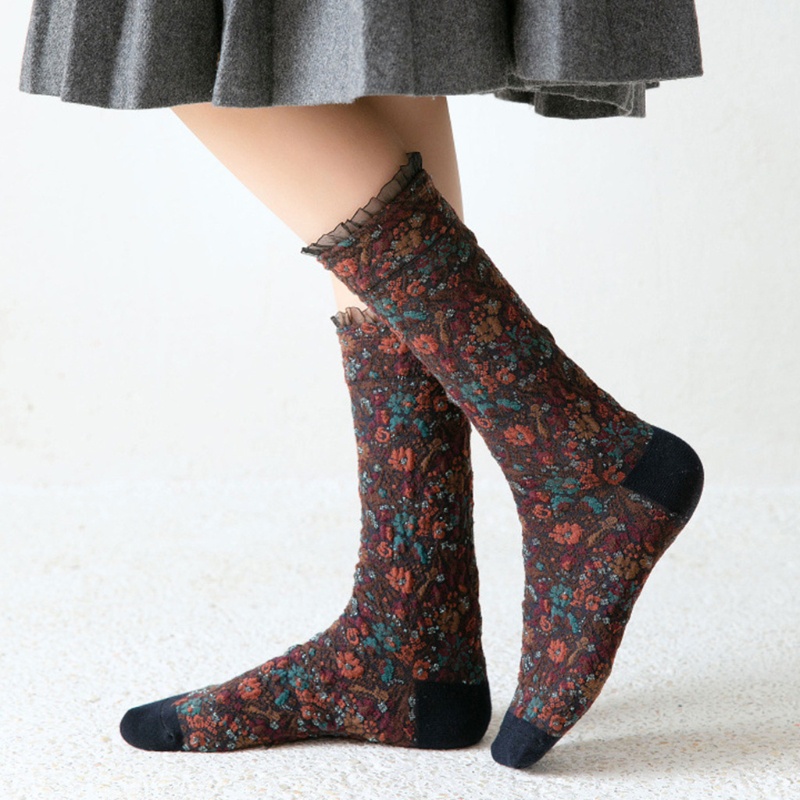 Xiangbao Vớ Ống Lửng Vừa In Hoa Phối Ren Bèo Nhiều Màu Sắc Phong Cách Harajuku Nhật Bản Ngọt Ngào Vintage