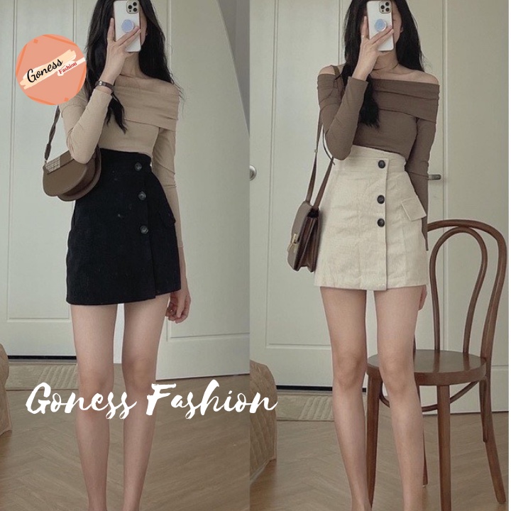 Chân váy ngắn Goness cạp cao vải nhung tăm vạt lệc phối 3 cúc siêu tôn dáng | BigBuy360 - bigbuy360.vn