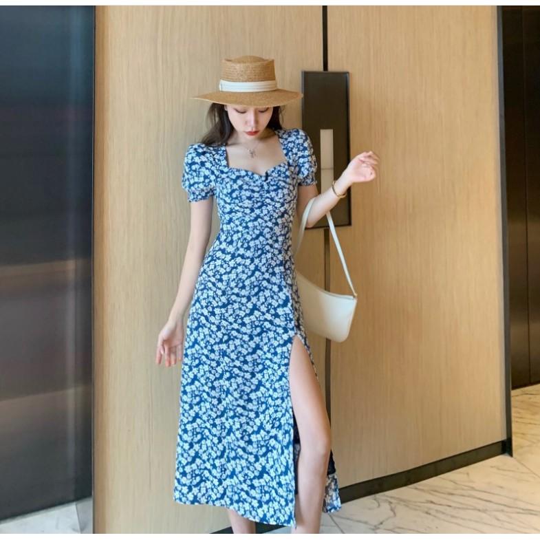 Váy đẹp💕FREESHIP💕Váy hoa nhí dáng dài cổ vuông xẻ tà xinh xắn