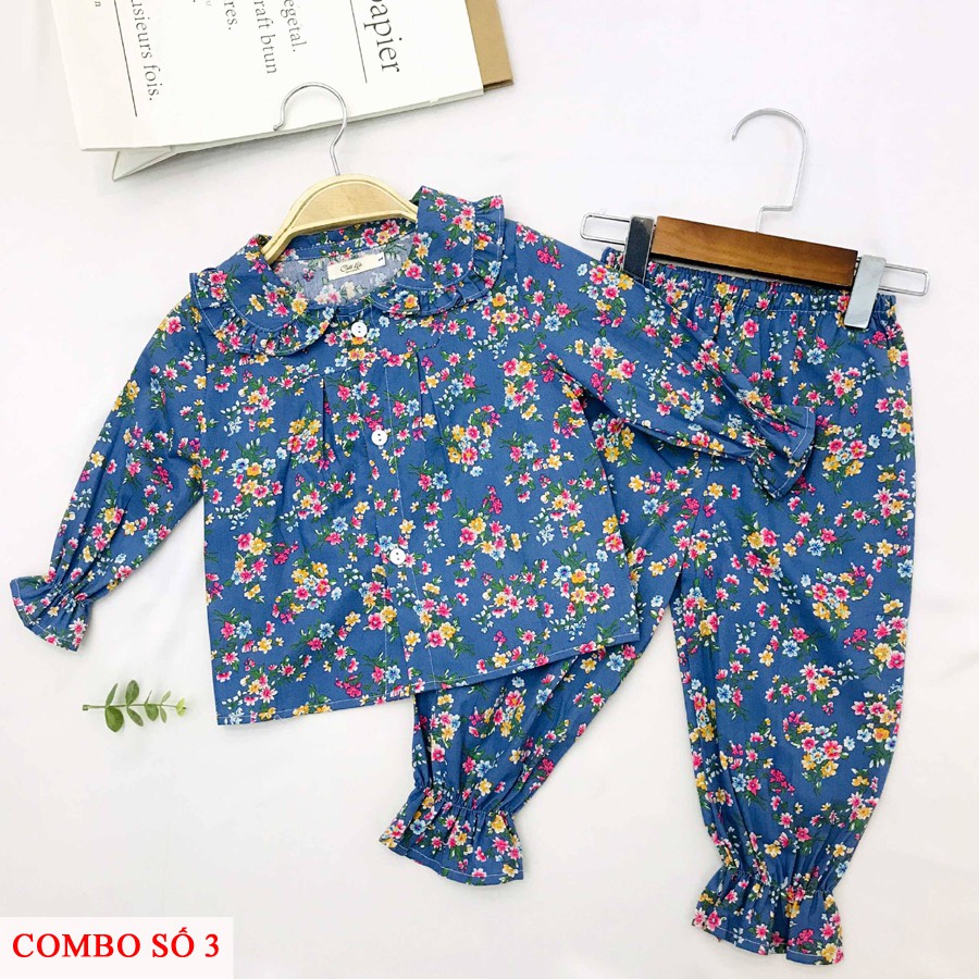 [COMBO 2] Bộ pijama thô lụa dài tay viền ren cổ bèo in hình cho bé gái