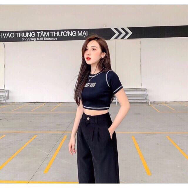 Áo croptop thun body viền chỉ nổi trắng, đen