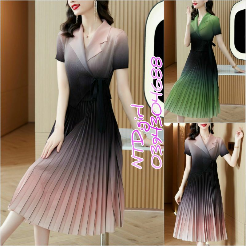 Hàng nhập - Đầm dáng xòe cổ vest lụa xếp ly in màu hiệu ứng, váy xòe tùng xếp li tay ngắn