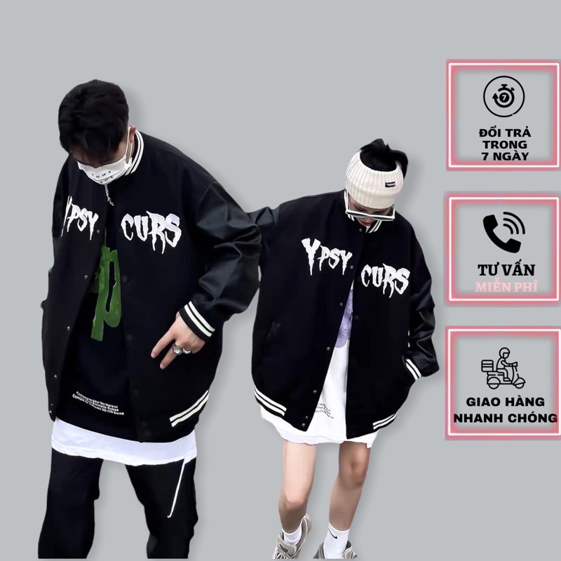 áo khoác unisex varsity,phối tay da thêu chữ Psy