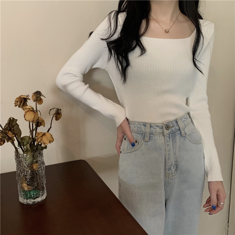 Áo sweater SUXI vải dệt kim vải mỏng cổ vuông màu sắc trơn kiểu vintage xinh xắn cho nữ