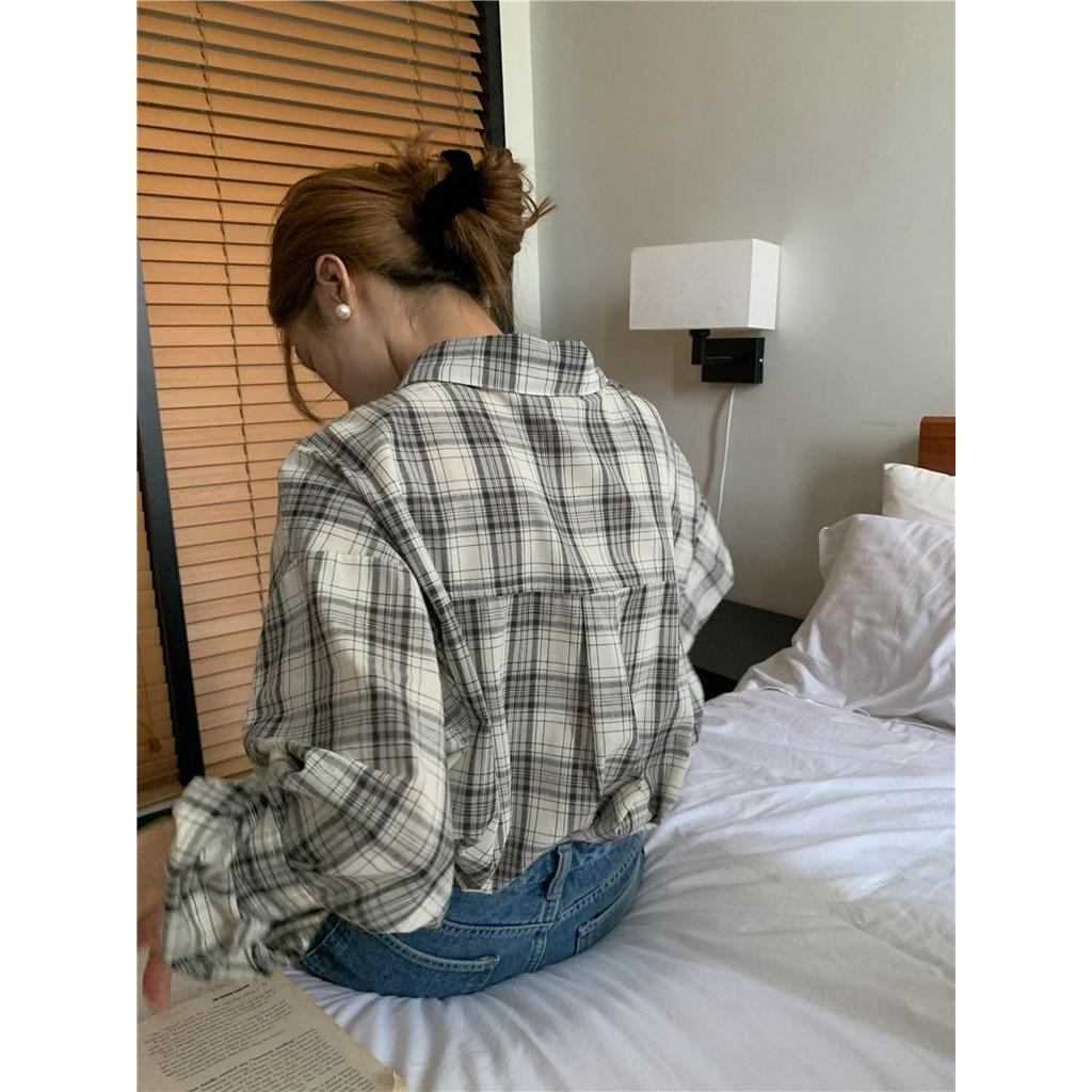 61211 Hàn Quốc Giản Dị polo Cổ Áo Sơ Mi Dài Tay Kẻ Sọc