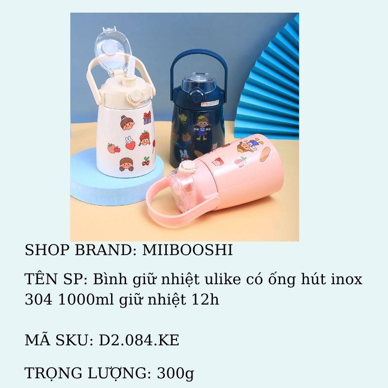 Bình giữ nhiệt ulike có ống hút inox 304 850ml giữ nhiệt 12h tặng sticker trang trí Miibooshi D2.084.DAM