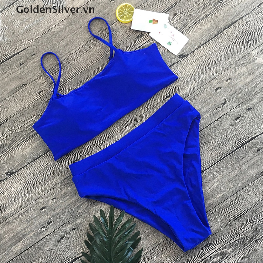 Bộ Đồ Bơi Hai Mảnh Lưng Cao Màu Bạc Quyến Rũ Cho Nữ