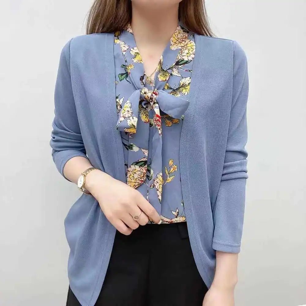 Áo Kiểu Tay Dài Giả Hai Lớp In Họa Tiết Độc Đáo Thời Trang Cho Nữ